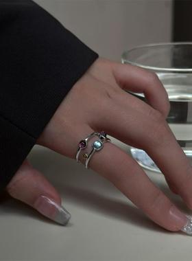 青十斤原创设计-行星线-s925纯银开口可调节戒指撞色宝石文艺复古