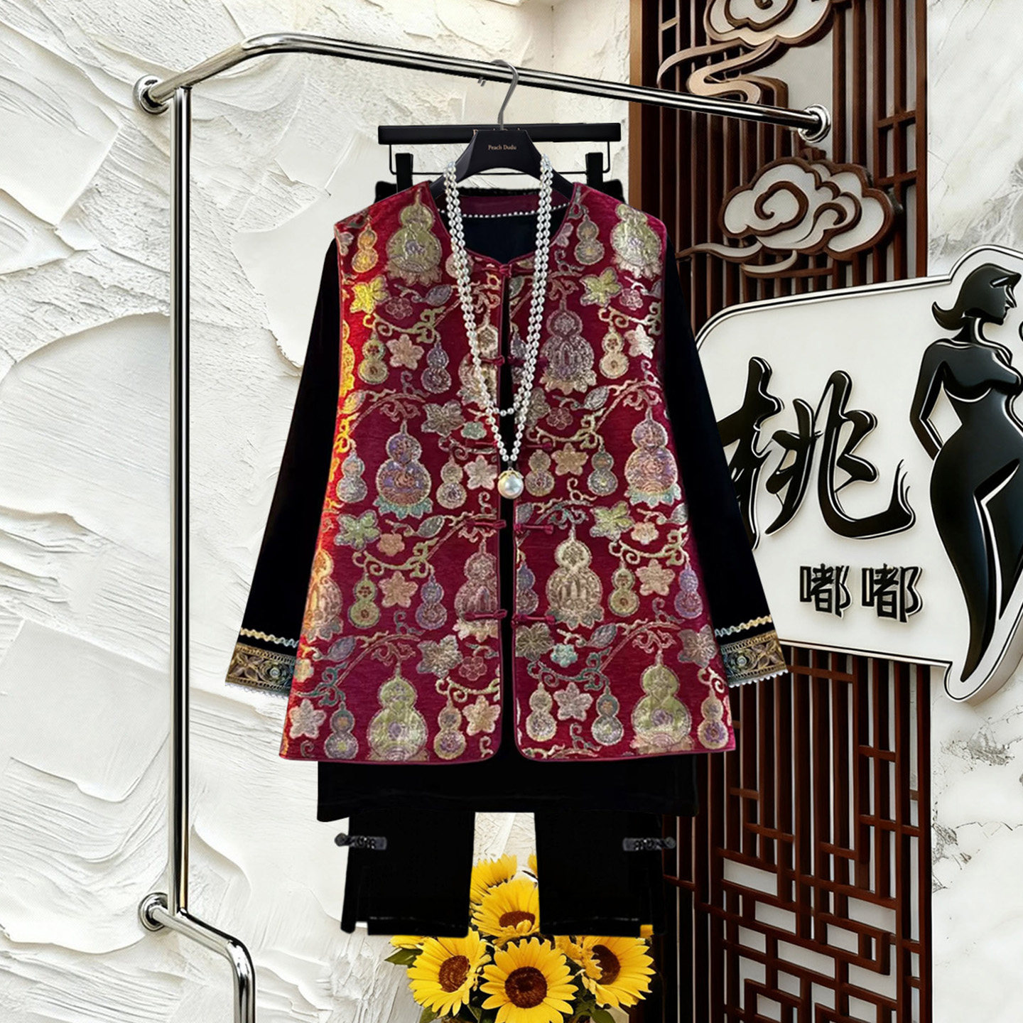 新中式国风特大码女装2025秋季新款高级感丝绒马甲裤子胖mm三件套,淘宝优惠券,粉丝福利购,淘宝优惠卷