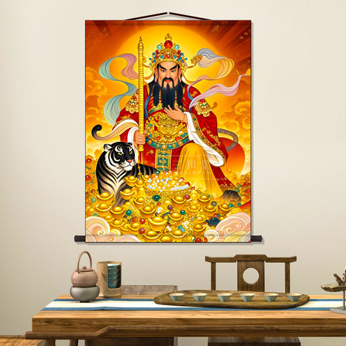 财神赵公明画像挂画客厅玄关装饰字画赵公明神像背景墙丝绸卷轴画 - 图0