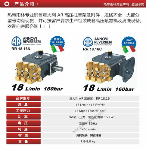 意大利AR进口品牌高压泵RR18.16CN高压柱塞水泵B34法兰盘喷雾机 - 图1