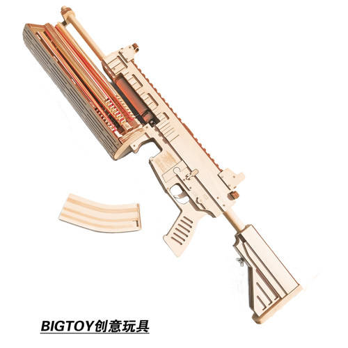 木头枪M416模型绝地求生连发加特林皮筋枪吃鸡拼装玩具创意软弹枪 - 图1