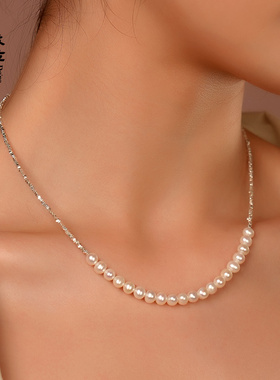 Dara/戴拉925纯银碎银子珍珠项链女5-6mm20颗锁骨链近圆强光颈链
