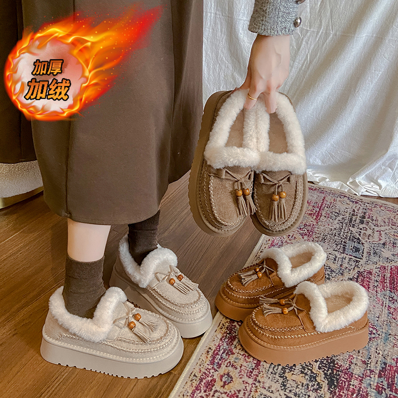 厚底保暖棉鞋女款百搭爆款懒人一脚蹬加绒豆豆鞋女冬季毛毛乐福鞋 - 图2