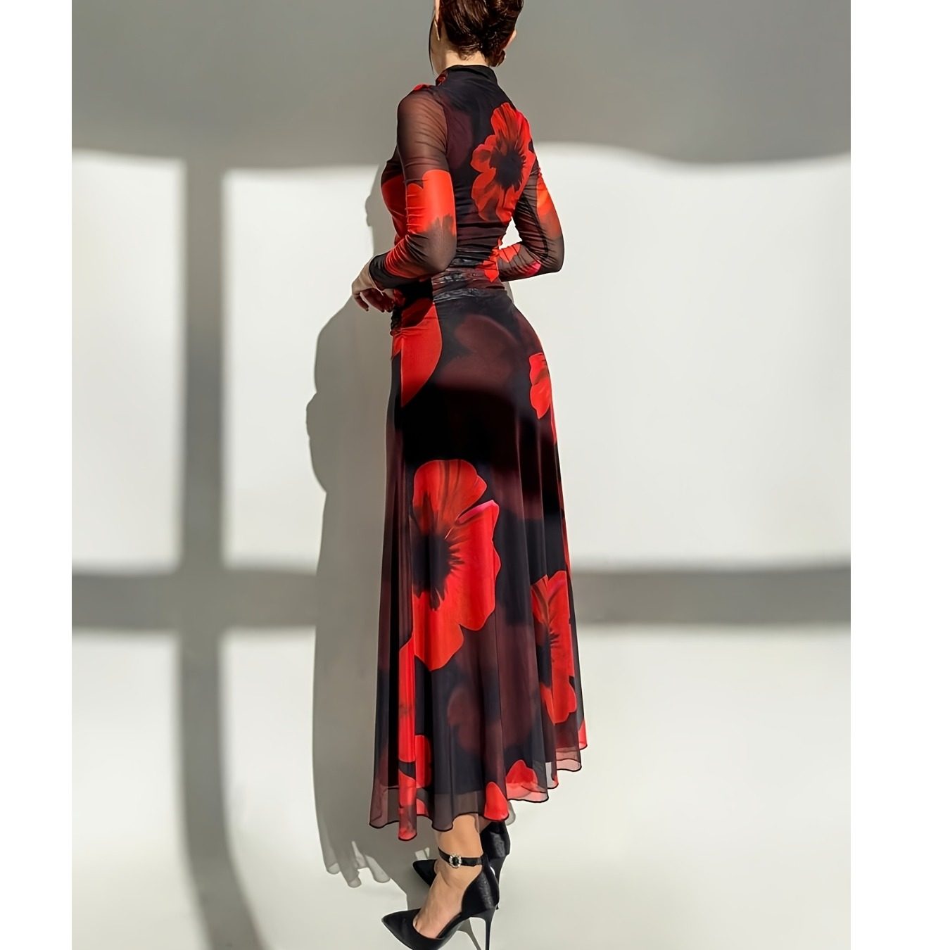 优雅红色晚礼服欧美新款半高领扎染印花网眼派对长袖连衣裙长裙女,淘宝优惠券,粉丝福利购,淘宝优惠卷