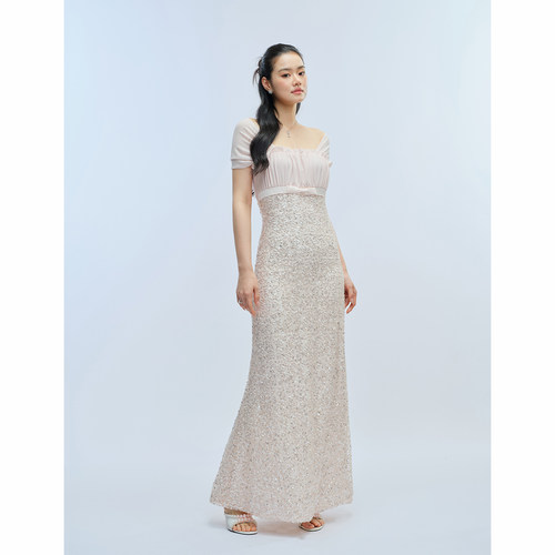 J TheChosen“柔蔓”原创设计 亮片飘带拼接蝴蝶结修身雪纺连衣裙 - 图2