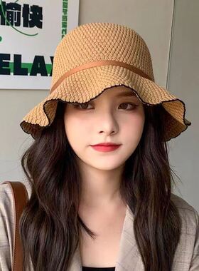 显瘦圆脸专用渔夫帽女帽子女夏季新款防晒遮阳帽时尚百搭针织蝴蝶