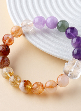 天然白水晶招财猫多宝手链