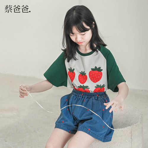 蔡爸爸原创童装蓝色牛仔短裤新款夏装中大童女孩草莓热裤085+892 - 图2