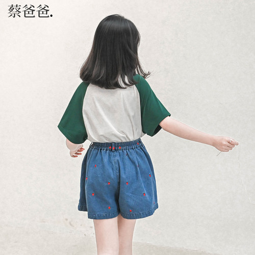 蔡爸爸原创童装蓝色牛仔短裤新款夏装中大童女孩草莓热裤085+892 - 图1