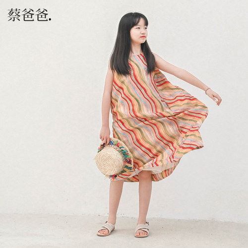 蔡爸爸童装个性创意彩虹条纹无袖连衣裙 女童夏薄款度假风裙子195 - 图1