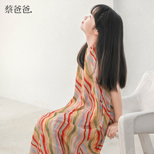 蔡爸爸童装个性创意彩虹条纹无袖连衣裙 女童夏薄款度假风裙子195 - 图2
