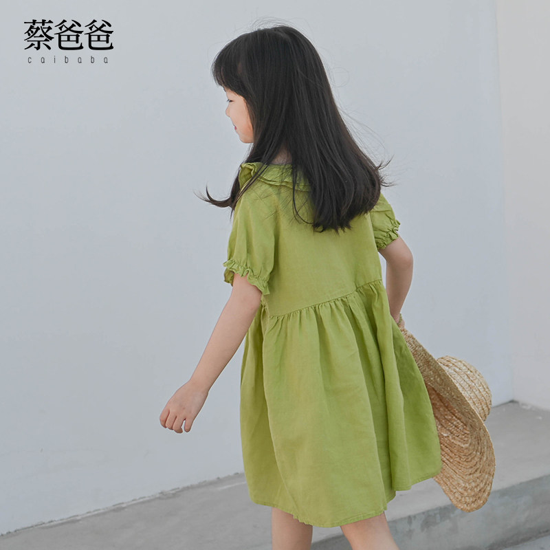 蔡爸爸童装 2026款夏装小清新绿色裙子 文艺苎麻女大童连衣裙733,淘宝优惠券,粉丝福利购,淘宝优惠卷