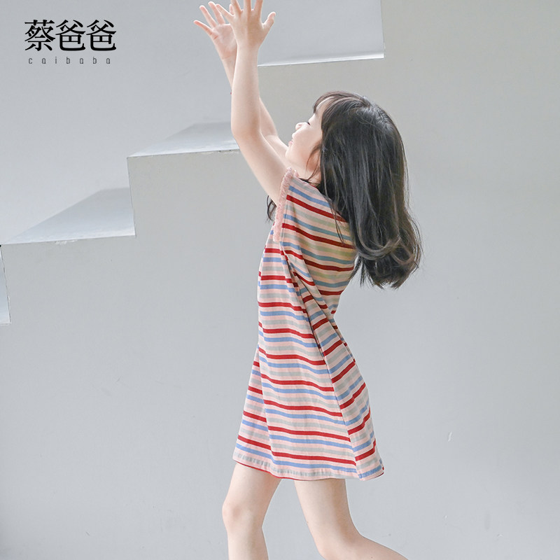 蔡爸爸原创童装 文艺新款夏装 女童连衣裙 大童洋气条纹裙子167,淘宝优惠券,粉丝福利购,淘宝优惠卷