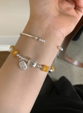 S925纯银招财纳福蜜蜡圆珠手链女时尚国风新中式气质串珠新品手饰