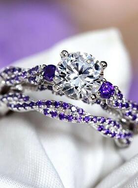 轻奢亚马逊ebay爆款 女款微镶紫色锆石对戒 时尚戒指铜镀白金饰品