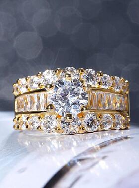轻奢女式结婚戒指 奢华金色明亮水晶锆石 现代设计订婚派对新款戒