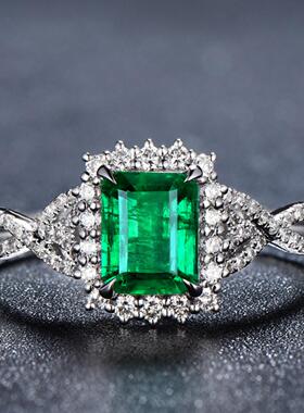 轻奢亚马逊外贸货源 祖母绿色方形锆石戒指 豪华镀白金色女式指环