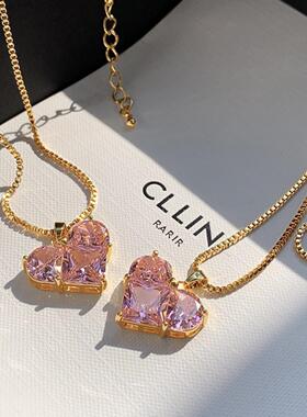 超闪粉色水晶玻璃项链爱心女式项链时尚轻奢百搭桃心项链配饰