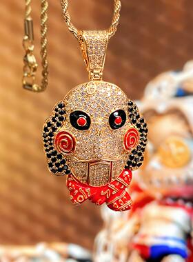 欧美嘻哈饰品 趣味惊魂电锯玩偶潮流吊坠男 铜镶锆石朋克夸张项链