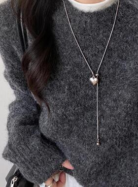 极简银色爱心吊坠项链女春夏轻奢高级感抽拉式长款毛衣链配饰