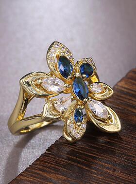 轻奢欧美爆款 奢华大气女士花朵形彩色锆石戒指派对戒指饰品