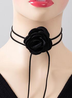 欧美饰品个性手工玫瑰花项链 创意长款DIY花卉绒布choker颈链
