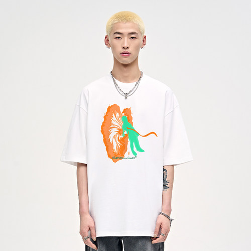 人物抽象印花美式短袖t恤夏季纯棉重磅高街男生圆领宽松上衣男款 - 图1