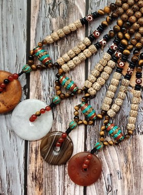 原创复古民族风无事牌守护神菩提子佛珠项链男士女士长款毛衣链