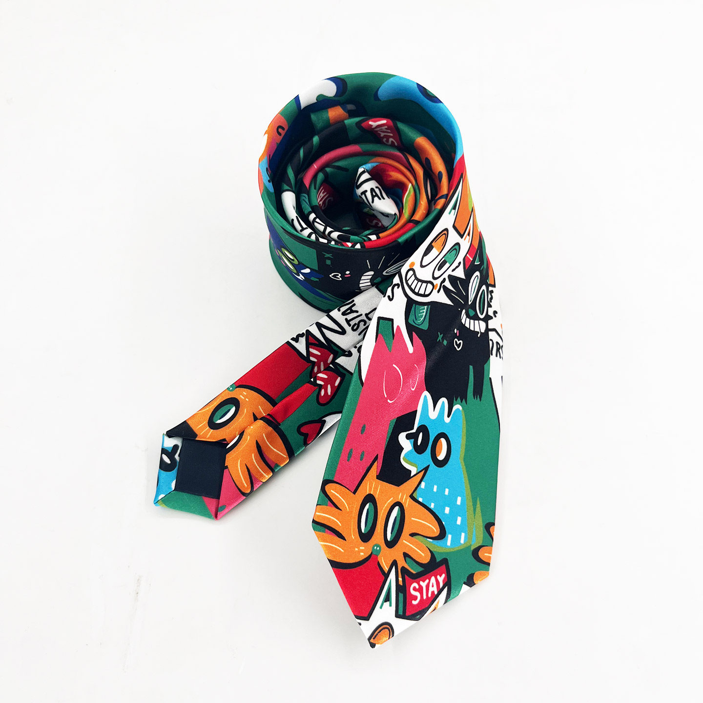 荷囊领带衬衫男女卡通风手打小众学院休闲配饰撞色设计绿色龇牙猫,淘宝优惠券,粉丝福利购,淘宝优惠卷