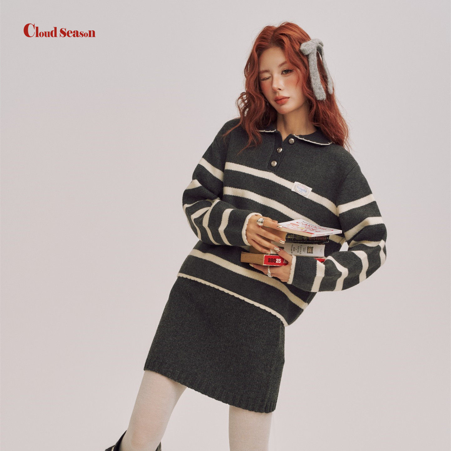 王鹤润同款CLOUDSEASON邮差娃娃领条纹毛衣女毛衣2026春新款针织,淘宝优惠券,粉丝福利购,淘宝优惠卷