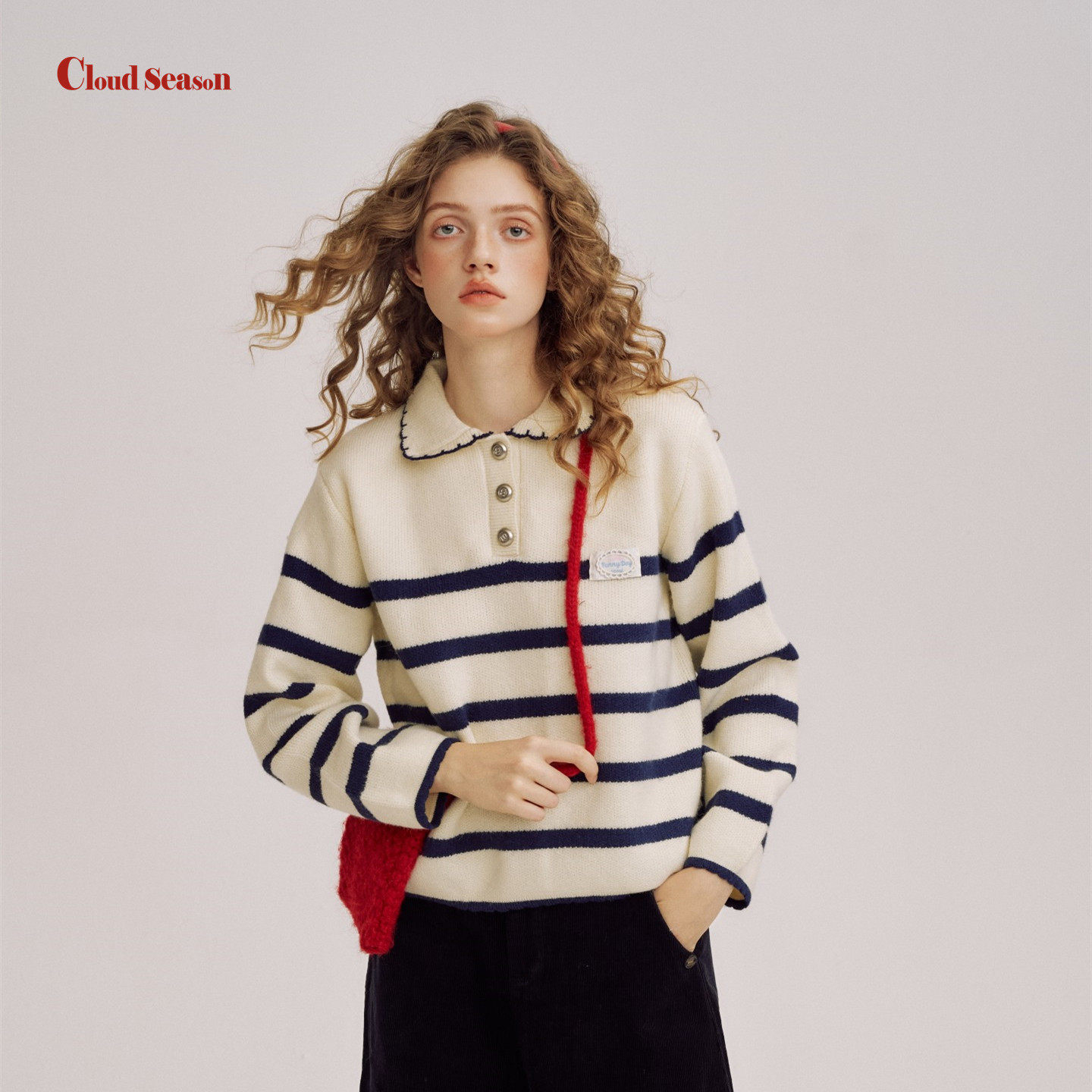 王鹤润同款CLOUDSEASON邮差娃娃领条纹毛衣女毛衣2026春新款针织,淘宝优惠券,粉丝福利购,淘宝优惠卷