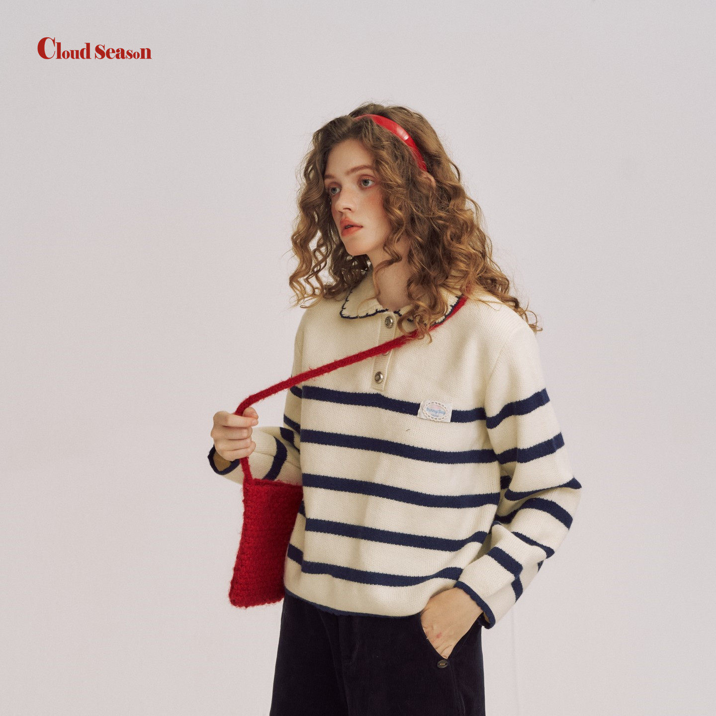 王鹤润同款CLOUDSEASON邮差娃娃领条纹毛衣女毛衣2026春新款针织,淘宝优惠券,粉丝福利购,淘宝优惠卷