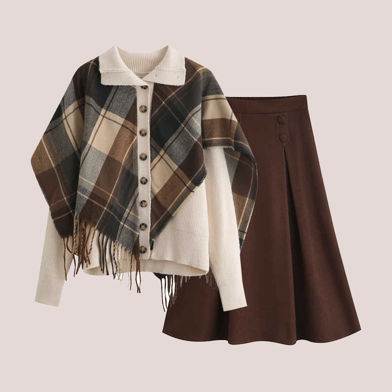 大码胖mm2025秋冬不规则格纹披肩针织毛衣显瘦上衣+半裙两件套装 - 图3