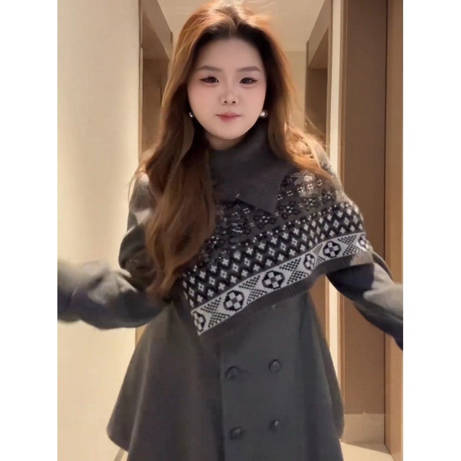 大码胖mm慵懒风针织披肩双排扣毛呢裙女秋冬复古风宽松显瘦两件套,淘宝优惠券,粉丝福利购,淘宝优惠卷