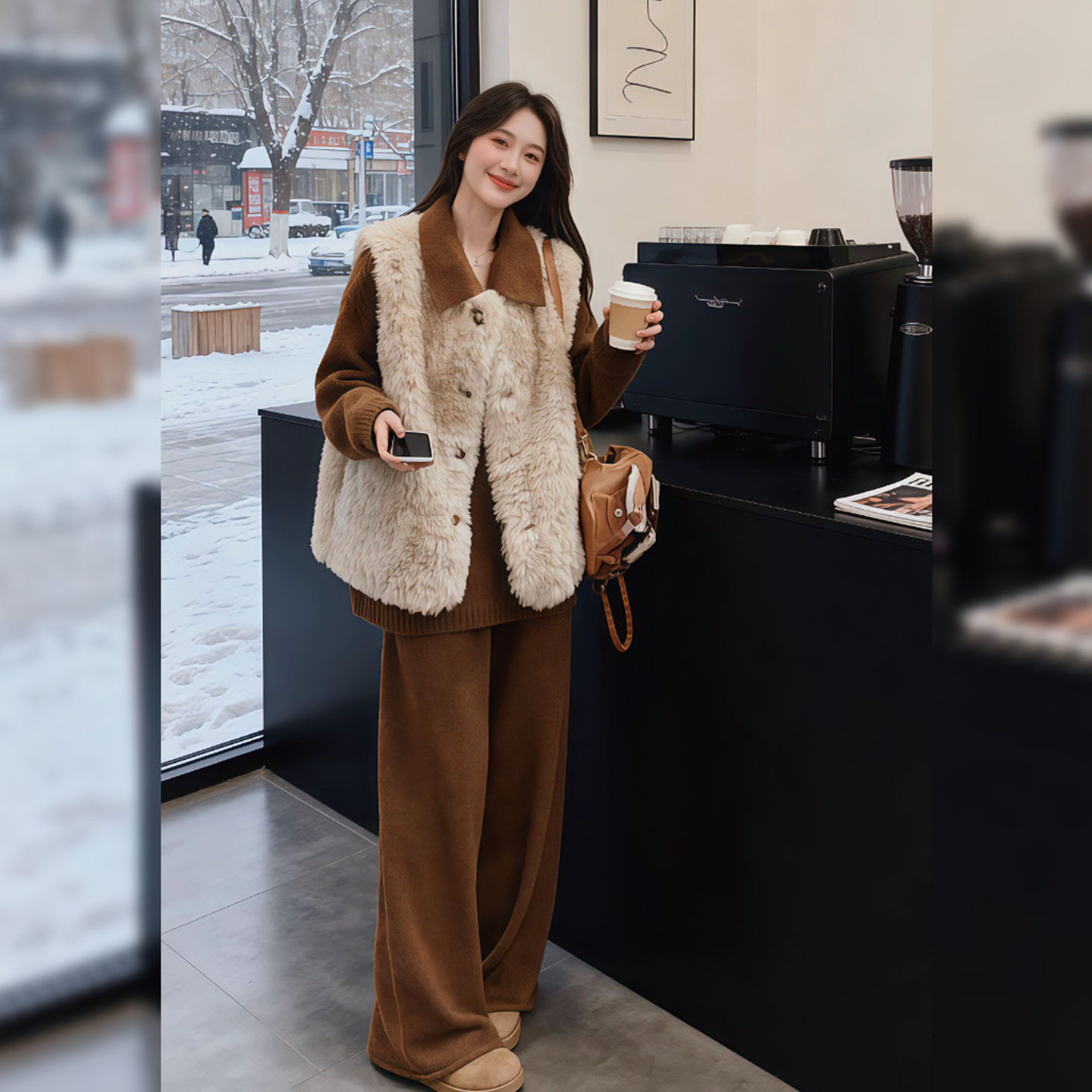 大码胖mm美拉德气质羊羔毛马甲针织上衣阔腿裤女春季简约通勤套装,淘宝优惠券,粉丝福利购,淘宝优惠卷