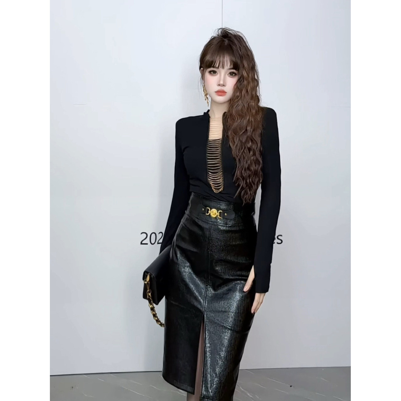 大码春季新款轻熟风黑色开叉包臀半身裙女胖mm双排扣内搭修身上衣,淘宝优惠券,粉丝福利购,淘宝优惠卷