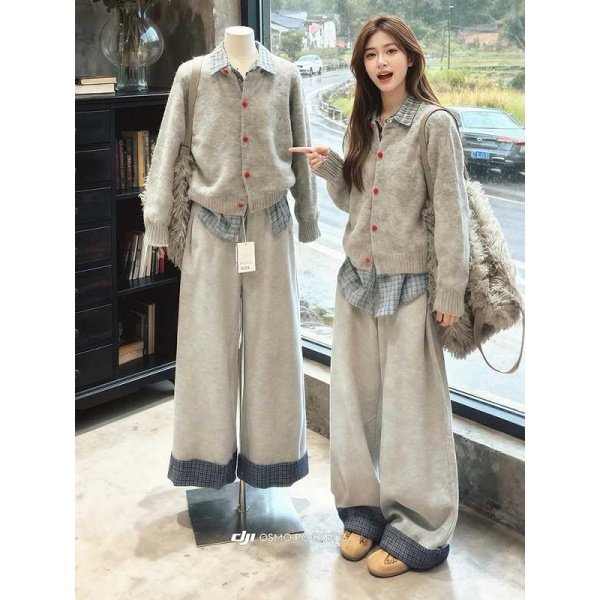 春季新款大码胖MM格子POLO领慵懒风休闲宽松针织开衫毛衣衬衫套装,淘宝优惠券,粉丝福利购,淘宝优惠卷