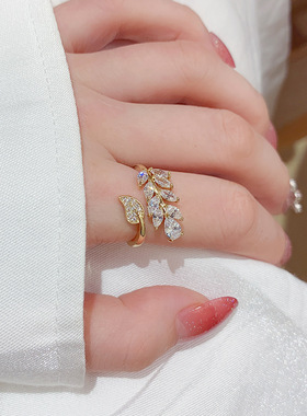 新款超闪锆石树叶戒指女