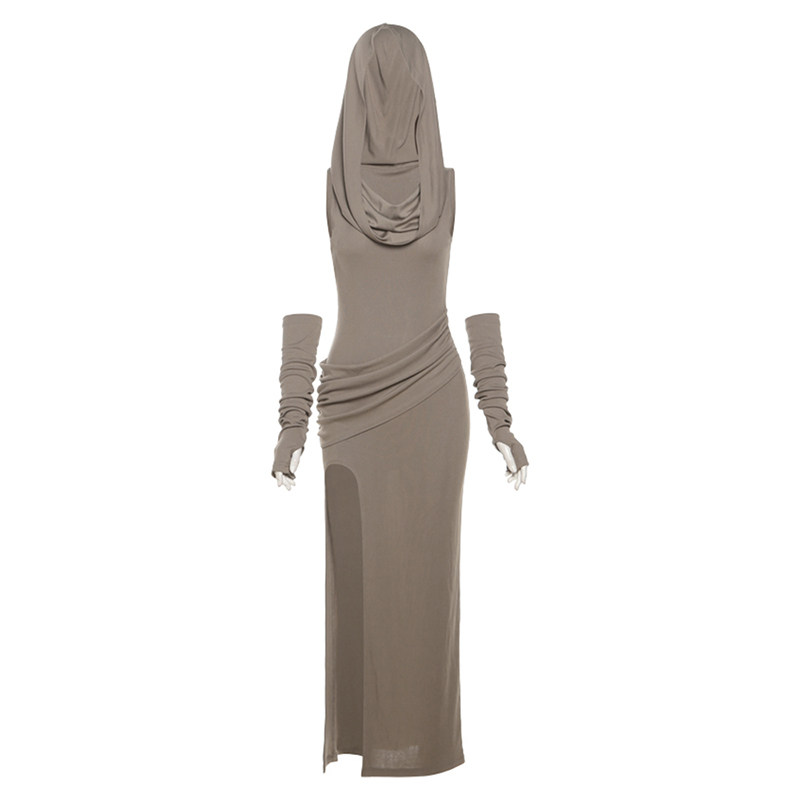 怪诞女孩 沙丘废土风复古荡领连帽连衣裙女 侧开叉修身带袖套长裙,淘宝优惠券,粉丝福利购,淘宝优惠卷