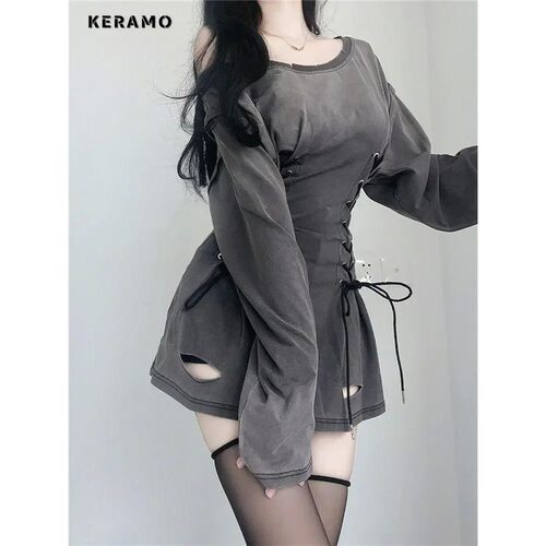 女士斜肩绑带长袖连衣裙 Ladies' diagonal shoulder strap dress - 图2