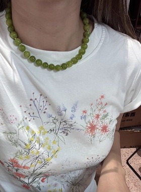 天然石绿色项链丹麦小众复古葡萄绿显白串珠锁骨链