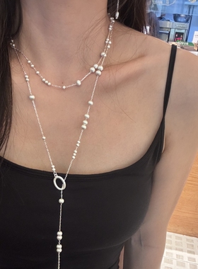 法式拉丝圆球项链轻奢高级感锁骨链串珠拼接毛衣链耳环耳骨夹套装