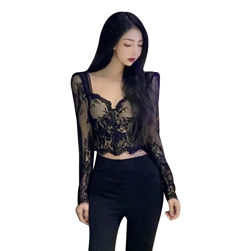 辣妹性感长袖黑色修身短款2021 羞羞童蕾丝衫/雪纺衫