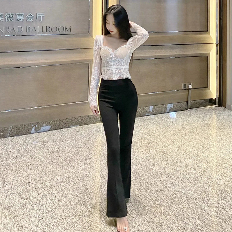 辣妹性感长袖黑色修身短款2021 羞羞童蕾丝衫/雪纺衫