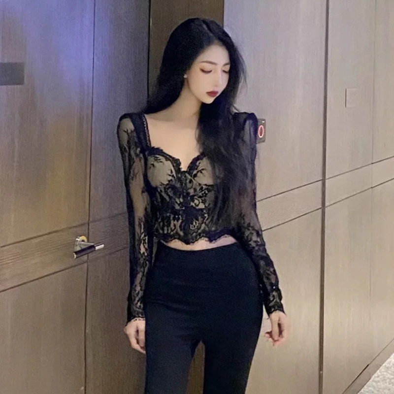 辣妹性感长袖黑色修身短款2021 羞羞童蕾丝衫/雪纺衫