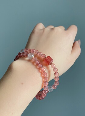 2025新款高级感天然草莓晶水晶手串简约设计感方糖双圈手链批发女