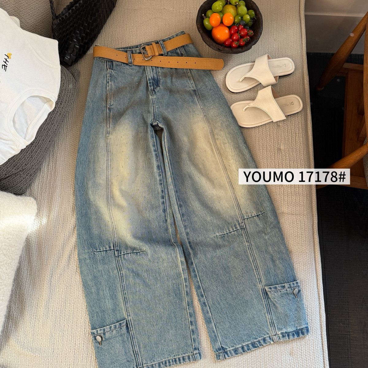 素心兰/YOUMO-烫钻工艺弯刀裤宽松设计感十足牛仔裤(配腰带)17178,淘宝优惠券,粉丝福利购,淘宝优惠卷