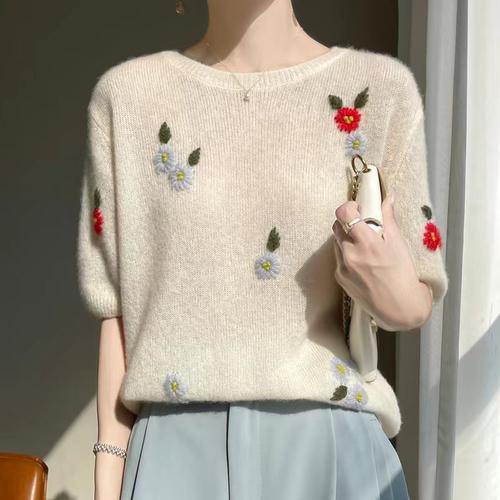 【丝羊绒】 重工刺绣短袖圆领羊绒衫 - 图1
