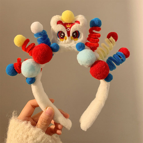 扭扭棒发箍女可爱毛绒洗脸发卡头饰红色国潮醒狮新年头箍秋冬发饰 - 图1