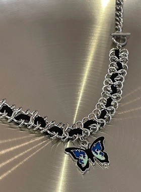 小众设计蓝色火焰蝴蝶吊坠项链